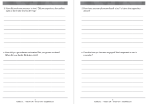 Inside pages of Love Story Journal with prompts
