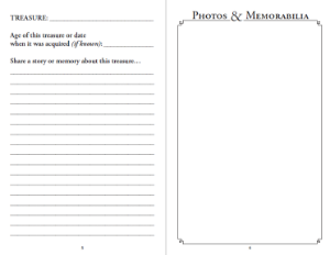 Inside pages of The Story of My Treasures journal”